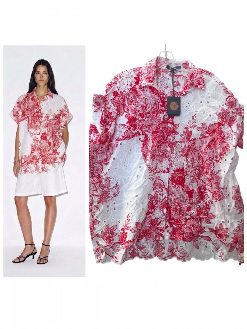 M Made In Italy NEW Cotton Eyelet Embroidered L Oversized Red White Button Shirt